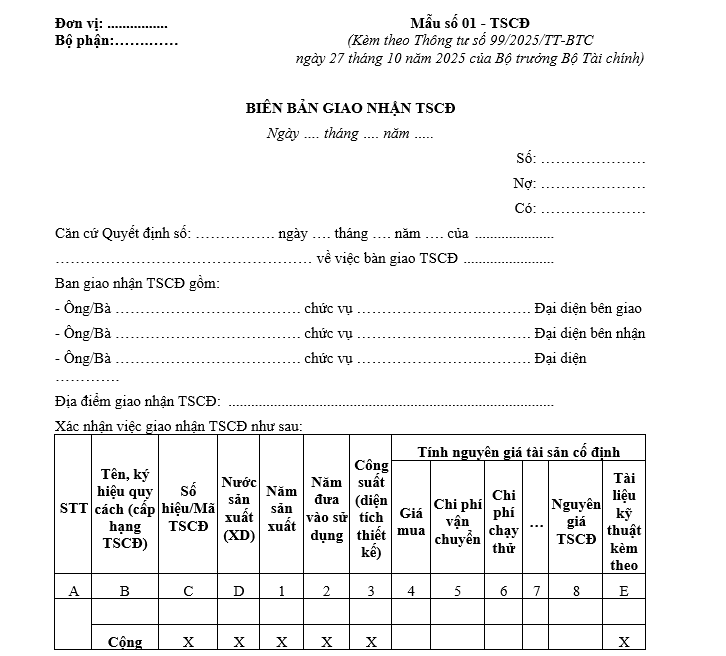 Mẫu biên bản giao nhận TSCĐ từ 01/01/2026 Mẫu biên bản giao nhận TSCĐ từ 01-01-2026