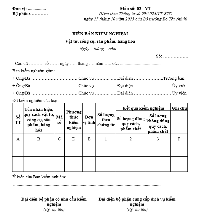 Mẫu biên bản kiểm nghiệm vật tư, công cụ, sản phẩm, hàng hóa từ 01/01/2026 Mẫu biên bản kiểm nghiệm vật tư, công cụ, sản phẩm, hàng hóa từ 01-01-2026
