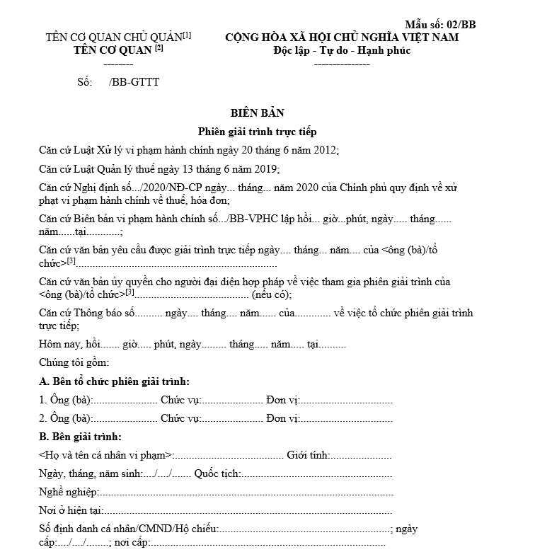Mẫu biên bản phiên giải trình trực tiếp 2025 Mẫu biên bản phiên giải trình trực tiếp 2025