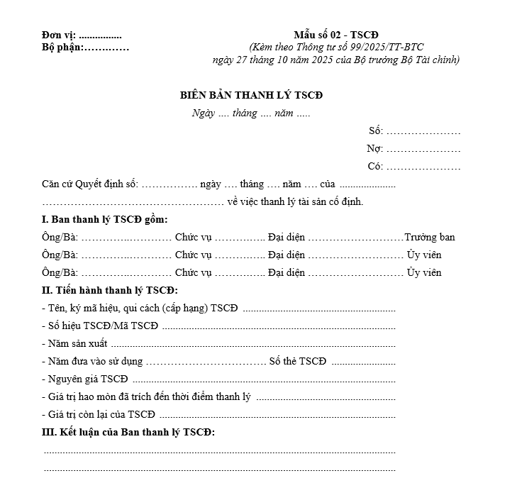 Mẫu biên bản thanh lý TSCĐ từ 01/01/2026 Mẫu biên bản thanh lý TSCĐ từ 01-01-2026