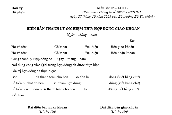 Mẫu biên bản thanh lý (nghiệm thu) hợp đồng giao khoán từ 01/01/2026 Mẫu biên bản thanh lý (nghiệm thu) hợp đồng giao khoán từ 01-01-2026