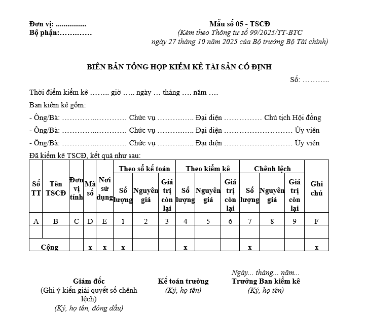 Mẫu biên bản tổng hợp kiểm kê TSCĐ từ 01/01/2026 Mẫu biên bản tổng hợp kiểm kê TSCĐ từ 01-01-2026