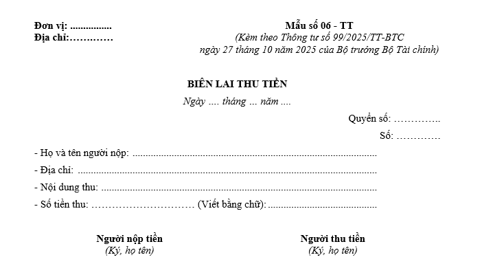 Mẫu biên lai thu tiền từ 01/01/2026 Mẫu biên lai thu tiền từ 01-01-2026