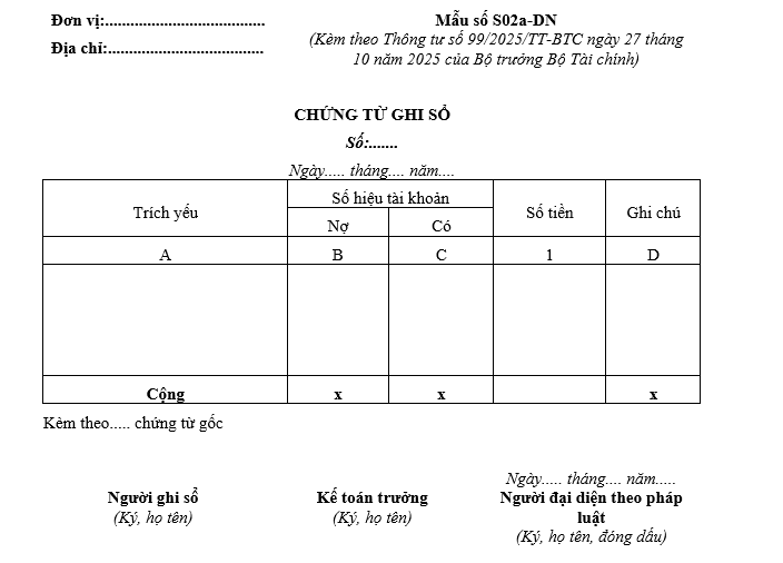 Mẫu chứng từ ghi sổ từ 01/01/2026 Mẫu chứng từ ghi sổ từ 01-01-2026