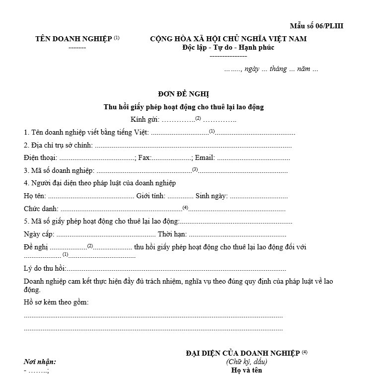 Mẫu đơn đề nghị thu hồi giấy phép hoạt động cho thuê lại lao động Mẫu đơn đề nghị thu hồi giấy phép hoạt động cho thuê lại lao động