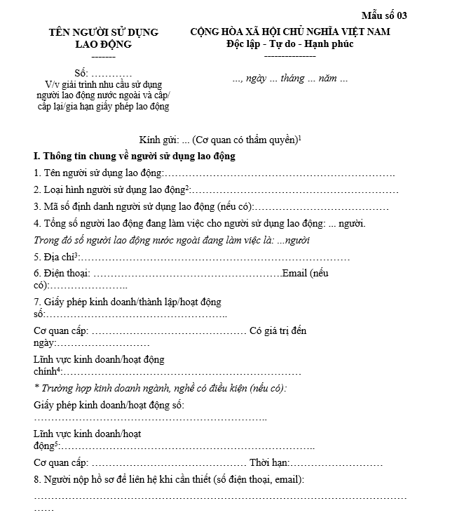 Mẫu giải trình nhu cầu sử dụng người lao động nước ngoài và cấp/cấp lại/gia hạn giấy phép lao động Mẫu giải trình nhu cầu sử dụng người lao động nước ngoài và cấp/cấp lại/gia hạn giấy phép lao động