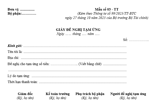 Mẫu giấy đề nghị tạm ứng từ 01/01/2026 Mẫu giấy đề nghị tạm ứng từ 01-01-2026
