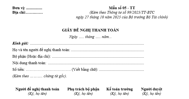 Mẫu giấy đề nghị thanh toán từ 01/01/2026 Mẫu giấy đề nghị thanh toán từ 01-01-2026