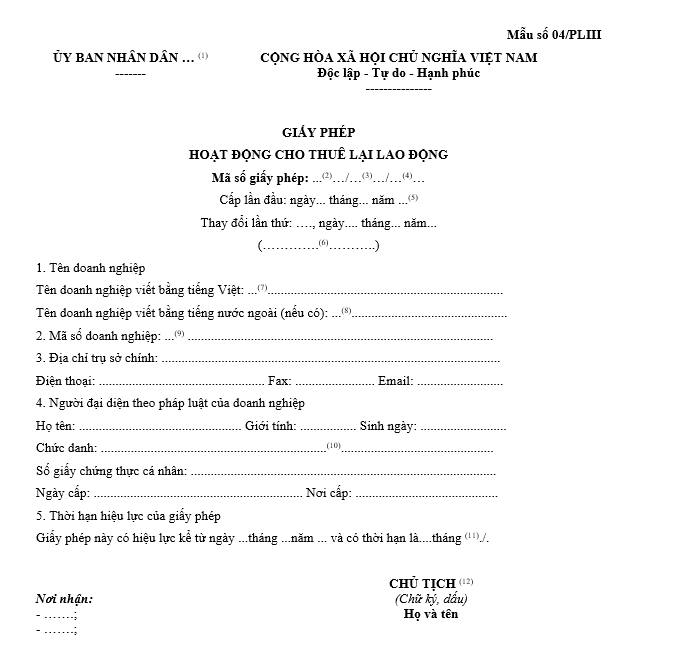 Mẫu giấy phép hoạt động cho thuê lại lao động