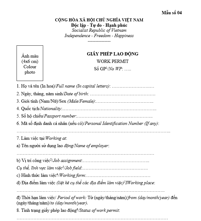 Mẫu giấy phép lao động Mẫu giấy phép lao động
