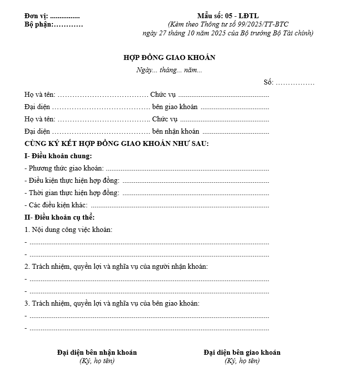 Mẫu hợp đồng giao khoán từ 01/01/2026 Mẫu hợp đồng giao khoán từ 01-01-2026