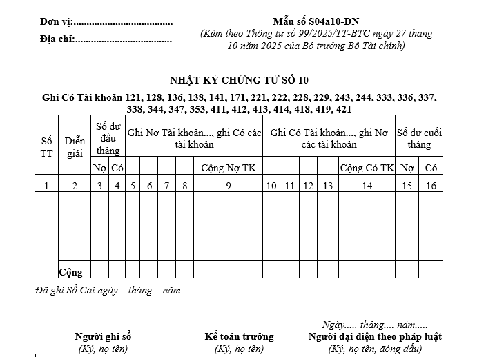 Mẫu nhật ký chứng từ số 10 từ 01/01/2026 Mẫu nhật ký chứng từ số 10 từ 01-01-2026