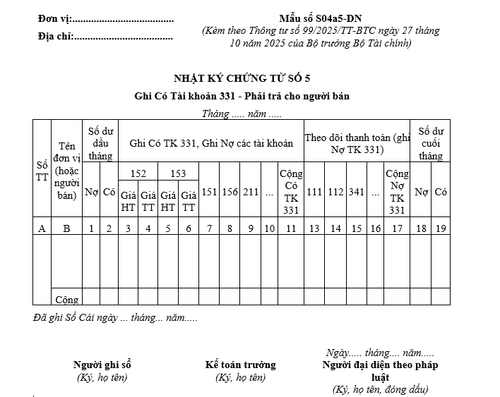 Mẫu nhật ký chứng từ số 5 từ 01/01/2026 Mẫu nhật ký chứng từ số 5 từ 01-01-2026