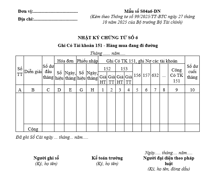 Mẫu nhật ký chứng từ số 6 từ 01/01/2026 Mẫu nhật ký chứng từ số 6 từ 01-01-2026