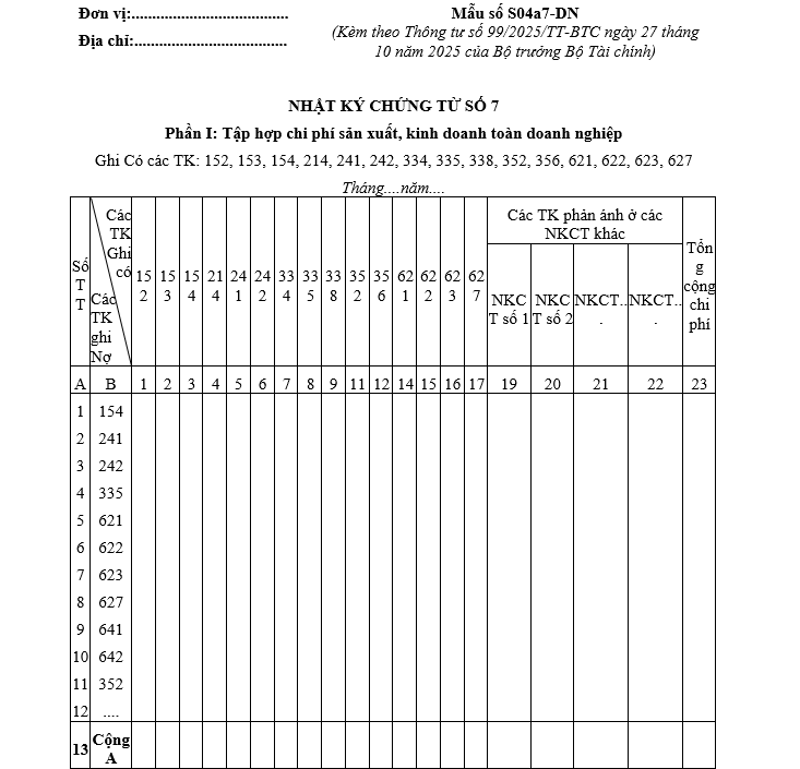 Mẫu nhật ký chứng từ số 7 từ 01/01/2026 Mẫu nhật ký chứng từ số 7 từ 01-01-2026