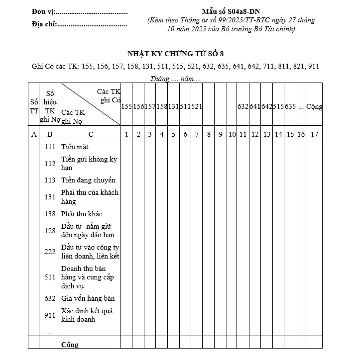 Mẫu nhật ký chứng từ số 8 từ 01/01/2026 Mẫu nhật ký chứng từ số 8 từ 01-01-2026