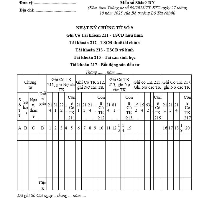 Mẫu nhật ký chứng từ số 9 từ 01/01/2026 Mẫu nhật ký chứng từ số 9 từ 01-01-2026