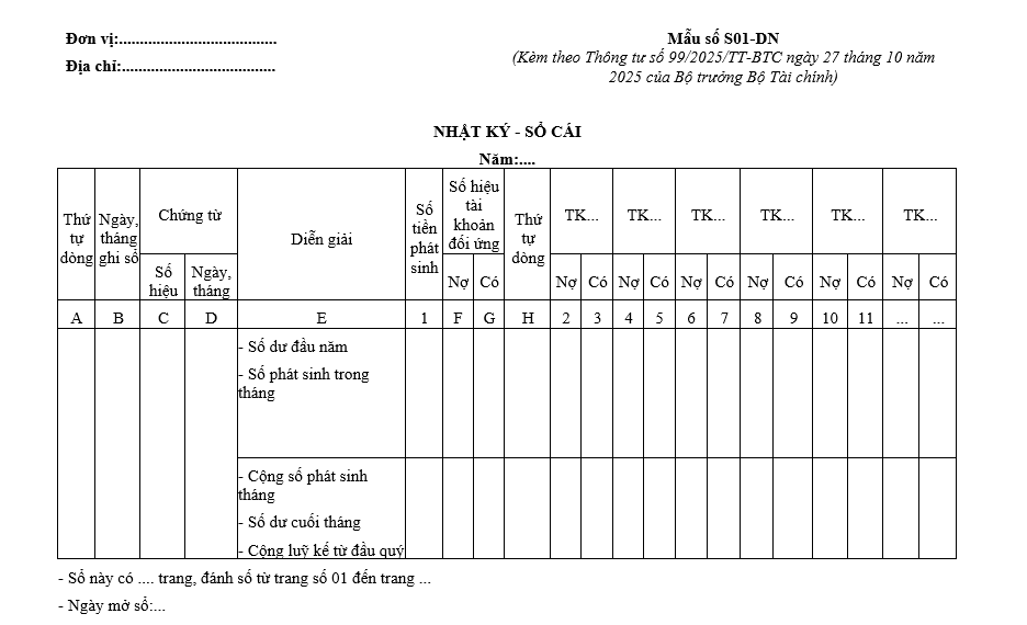 Mẫu nhật ký - sổ cái từ 01/01/2026 Mẫu nhật ký - sổ cái từ 01-01-2026
