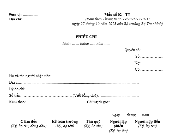 Mẫu phiếu chi từ 01/01/2026 Mẫu phiếu chi từ 01-01-2026
