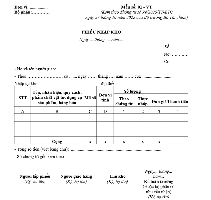 Mẫu phiếu nhập kho từ 01/01/2026 Mẫu phiếu nhập kho từ 01-01-2026