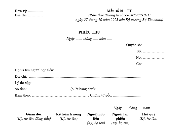 Mẫu phiếu thu từ 01/01/2026 Mẫu phiếu thu từ 01-01-2026