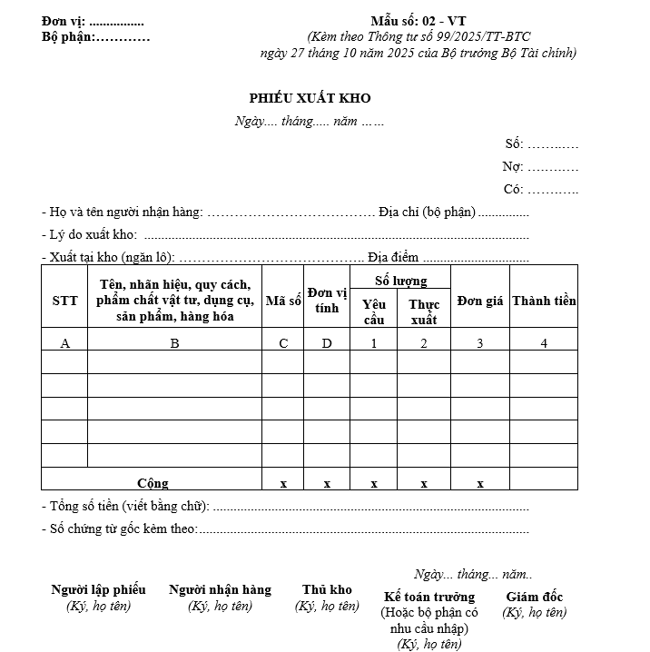 Mẫu phiếu xuất kho từ 01/01/2026 Mẫu phiếu xuất kho từ 01-01-2026
