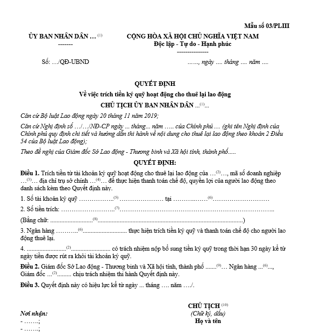 Mẫu quyết định trích tiền ký quỹ kinh doanh hoạt động cho thuê lại lao động Mẫu quyết định trích tiền ký quỹ kinh doanh hoạt động cho thuê lại lao động
