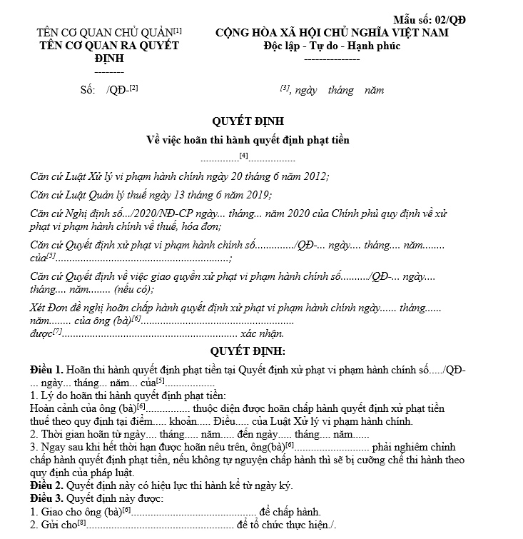 Mẫu quyết định về việc hoãn thi hành quyết định phạt tiền 2025 Mẫu quyết định về việc hoãn thi hành quyết định phạt tiền 2025