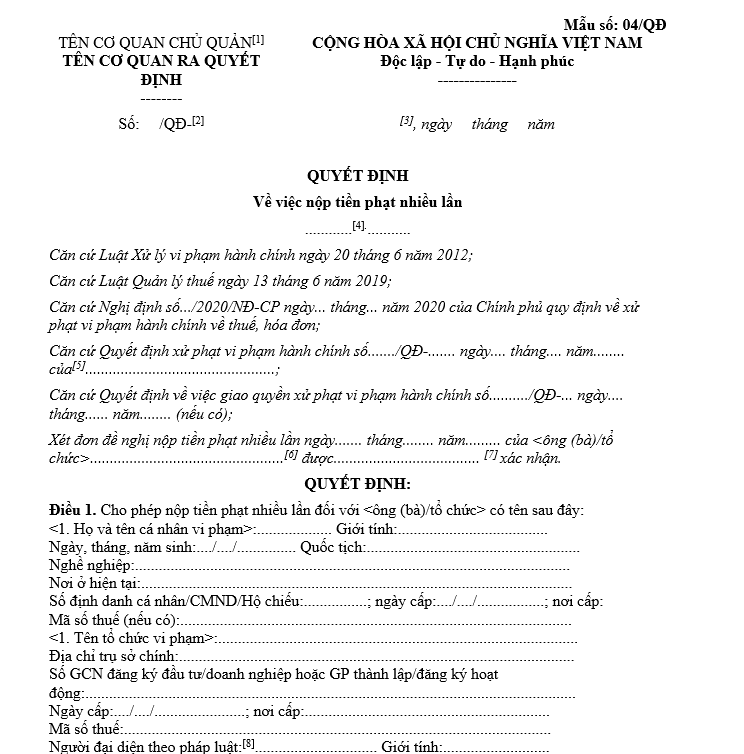 Mẫu quyết định về việc nộp tiền phạt nhiều lần 2025 Mẫu quyết định về việc nộp tiền phạt nhiều lần 2025