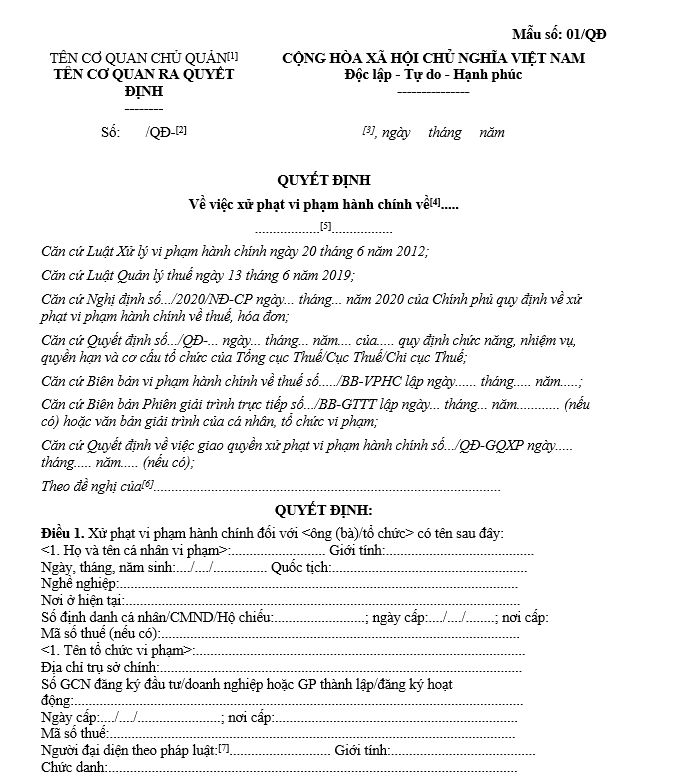 Mẫu quyết định về việc xử phạt vi phạm hành chính về thuế/hóa đơn Mẫu quyết định về việc xử phạt vi phạm hành chính về thuế-hóa đơn