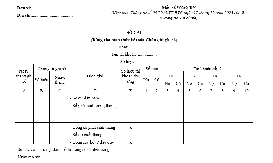 Mẫu sổ cái (dùng cho hình thức chứng từ ghi sổ) từ 01/01/2026 Mẫu sổ cái (dùng cho hình thức chứng từ ghi sổ) từ 01-01-2026