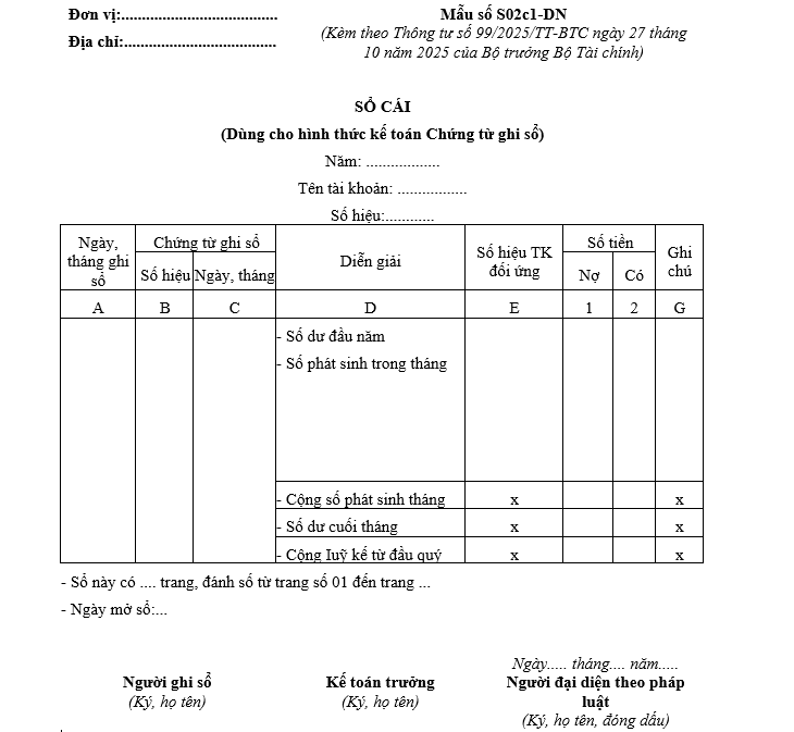 Mẫu sổ cái (dùng cho hình thức chứng từ ghi sổ) từ 01/01/2026 Mẫu sổ cái (dùng cho hình thức chứng từ ghi sổ) từ 01-01-2026