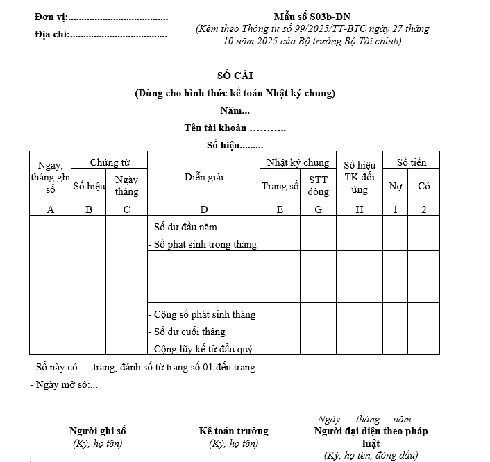 Mẫu sổ cái (dùng cho hình thức nhật ký chung) từ 01/01/2026 Mẫu sổ cái (dùng cho hình thức nhật ký chung) từ 01-01-2026