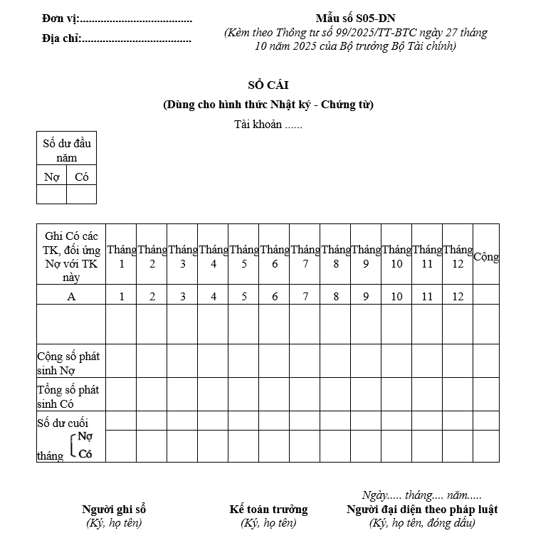 Mẫu sổ cái (dùng cho hình thức nhật ký-chứng từ) từ 01/01/2026 Mẫu sổ cái (dùng cho hình thức nhật ký-chứng từ) từ 01-01-2026