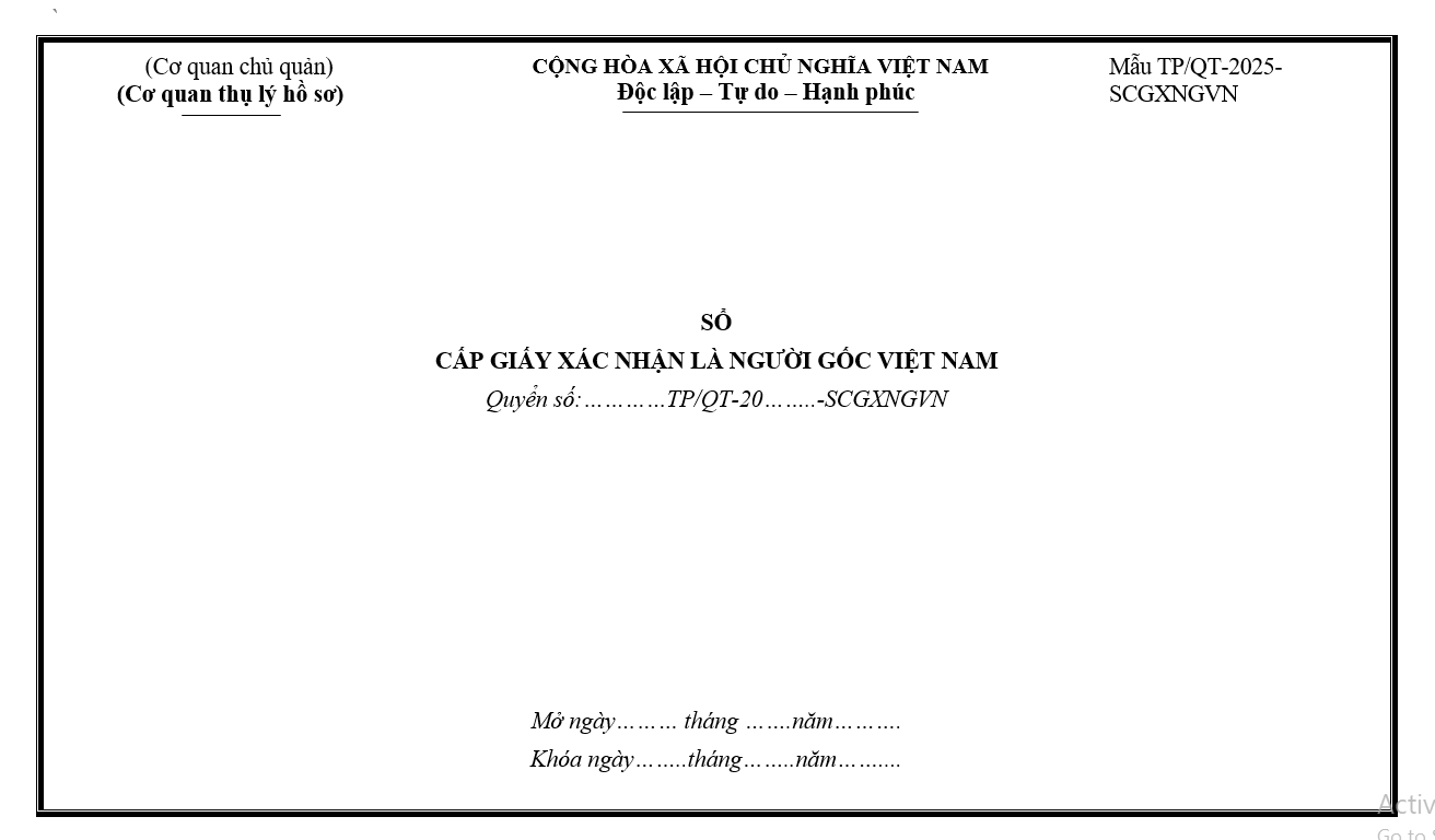 Mẫu sổ cấp Giấy xác nhận là người gốc Việt Nam Mẫu sổ cấp Giấy xác nhận là người gốc Việt Nam
