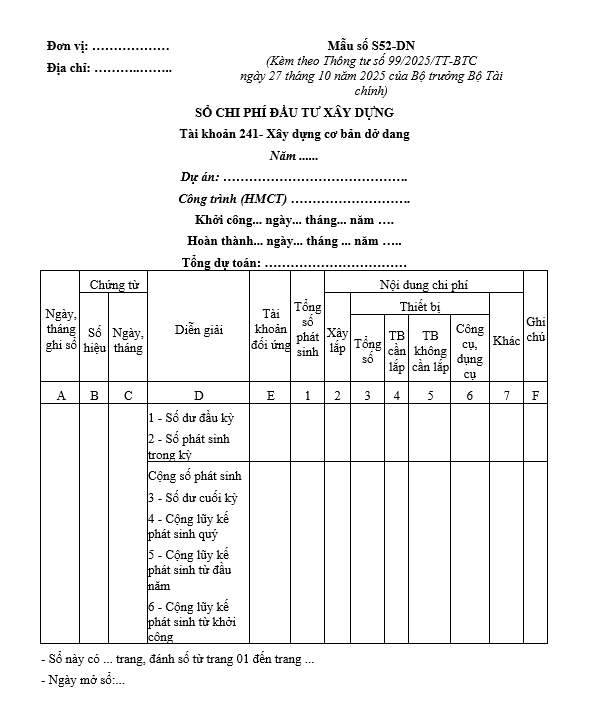 Mẫu sổ chi phí đầu tư xây dựng từ 01/01/2026 Mẫu sổ chi phí đầu tư xây dựng từ 01-01-2026