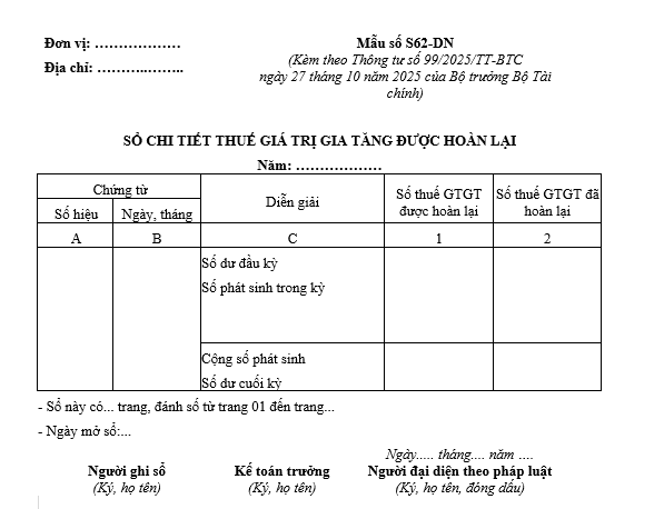 Mẫu sổ chi tiết thuế GTGT được hoàn lại từ 01/01/2026 Mẫu sổ chi tiết thuế GTGT được hoàn lại từ 01-01-2026