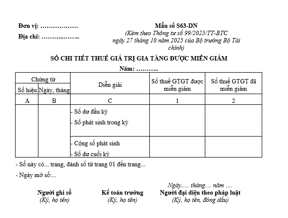 Mẫu sổ chi tiết thuế GTGT được miễn giảm từ 01/01/2026 Mẫu sổ chi tiết thuế GTGT được miễn giảm từ 01-01-2026