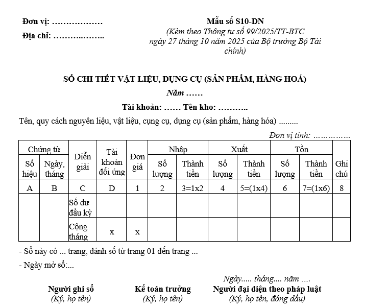 Mẫu sổ chi tiết vật liệu, dụng cụ (sản phẩm, hàng hóa) từ 01/01/2026 Mẫu sổ chi tiết vật liệu, dụng cụ (sản phẩm, hàng hóa) từ 01-01-2026