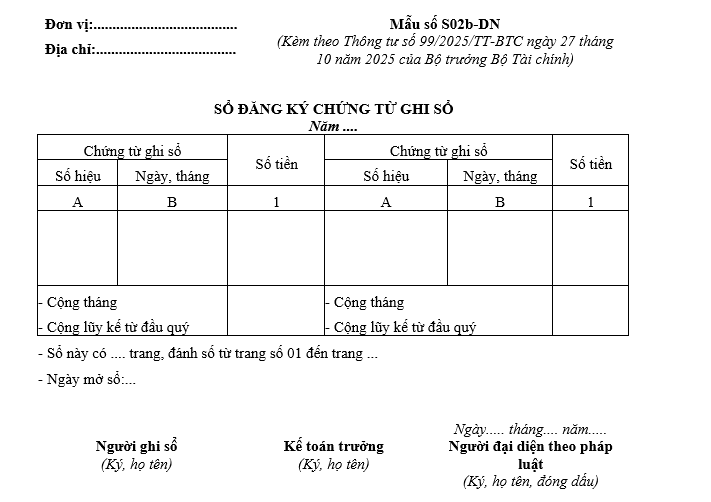 Mẫu sổ đăng ký chứng từ ghi sổ từ 01/01/2026 Mẫu sổ đăng ký chứng từ ghi sổ từ 01-01-2026