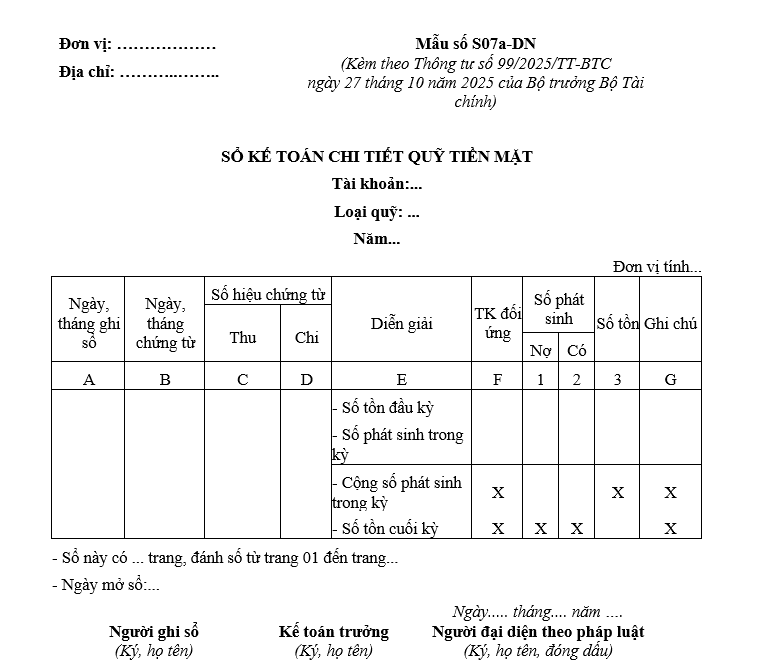 Mẫu sổ kế toán chi tiết quỹ tiền mặt từ 01/01/2026 Mẫu sổ kế toán chi tiết quỹ tiền mặt từ 01-01-2026
