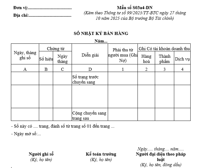 Mẫu sổ nhật ký bán hàng từ 01/01/2026 Mẫu sổ nhật ký bán hàng từ 01-01-2026