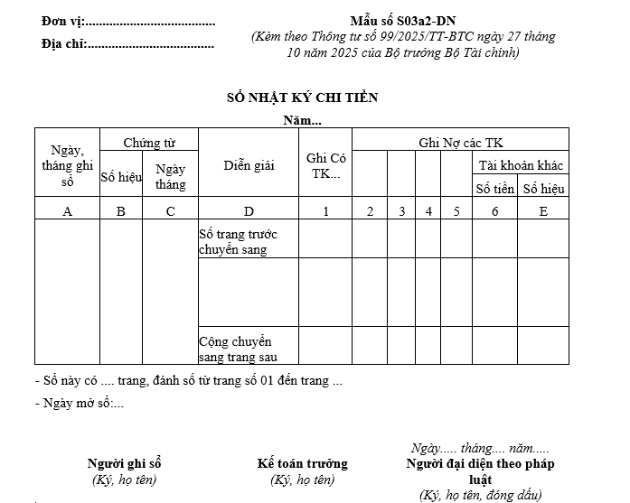Mẫu sổ nhật ký chi tiền từ 01/01/2026 Mẫu sổ nhật ký chi tiền từ 01-01-2026