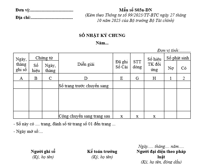 Mẫu sổ nhật ký chung từ 01/01/2026 Mẫu sổ nhật ký chung từ 01-01-2026
