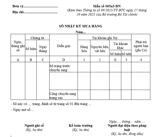 Mẫu sổ nhật ký mua hàng từ 01/01/2026 Mẫu sổ nhật ký mua hàng từ 01-01-2026