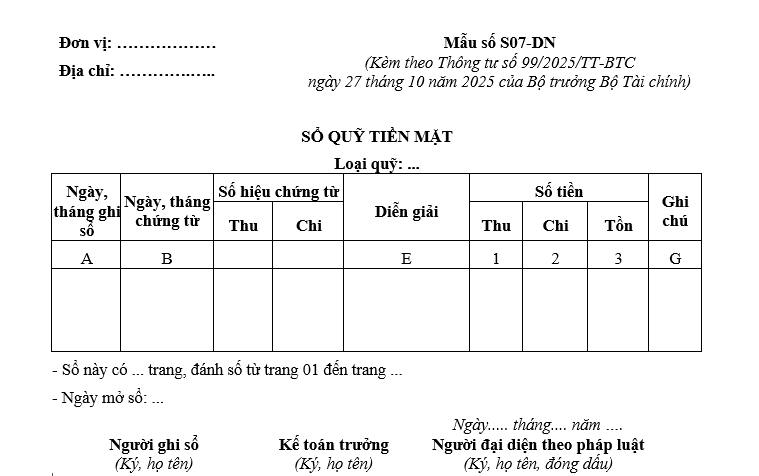 Mẫu sổ quỹ tiền mặt từ 01/01/2026 Mẫu sổ quỹ tiền mặt từ 01-01-2026