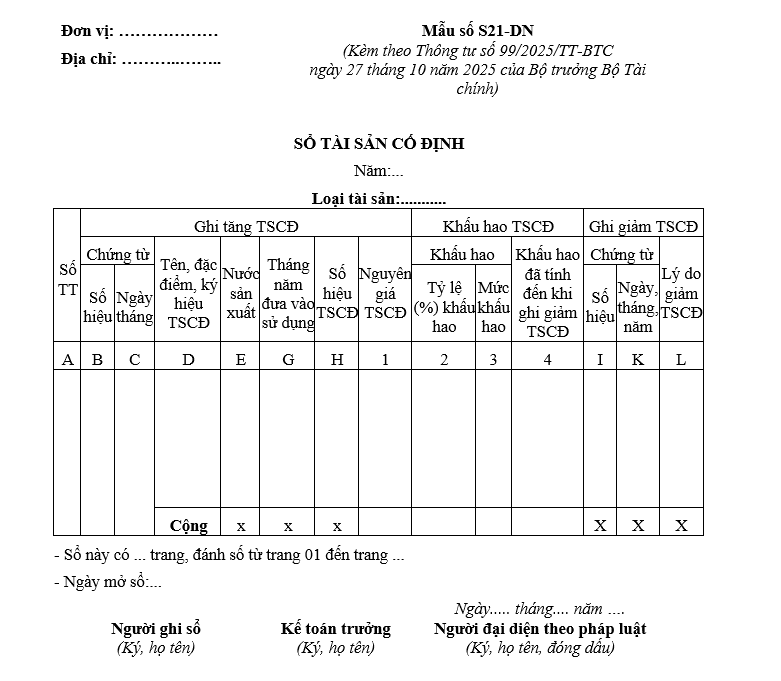 Mẫu sổ tài sản cố định từ 01/01/2026 Mẫu sổ tài sản cố định từ 01-01-2026