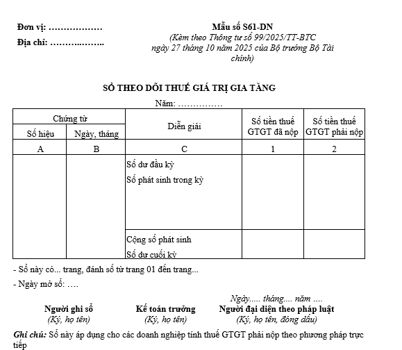 Mẫu sổ theo dõi thuế GTGT từ 01/01/2026 Mẫu sổ theo dõi thuế GTGT từ 01-01-2026
