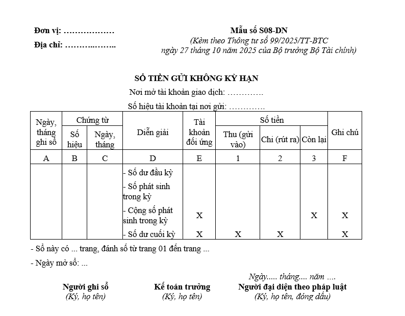 Mẫu sổ tiền gửi không kỳ hạn từ 01/01/2026 Mẫu sổ tiền gửi không kỳ hạn từ 01-01-2026