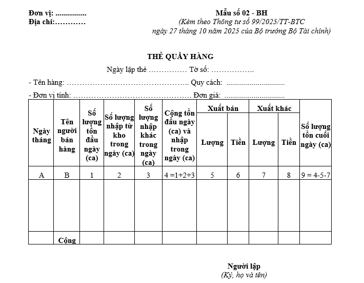 Mẫu thẻ quầy hàng từ 01/01/2026 Mẫu thẻ quầy hàng từ 01-01-2026